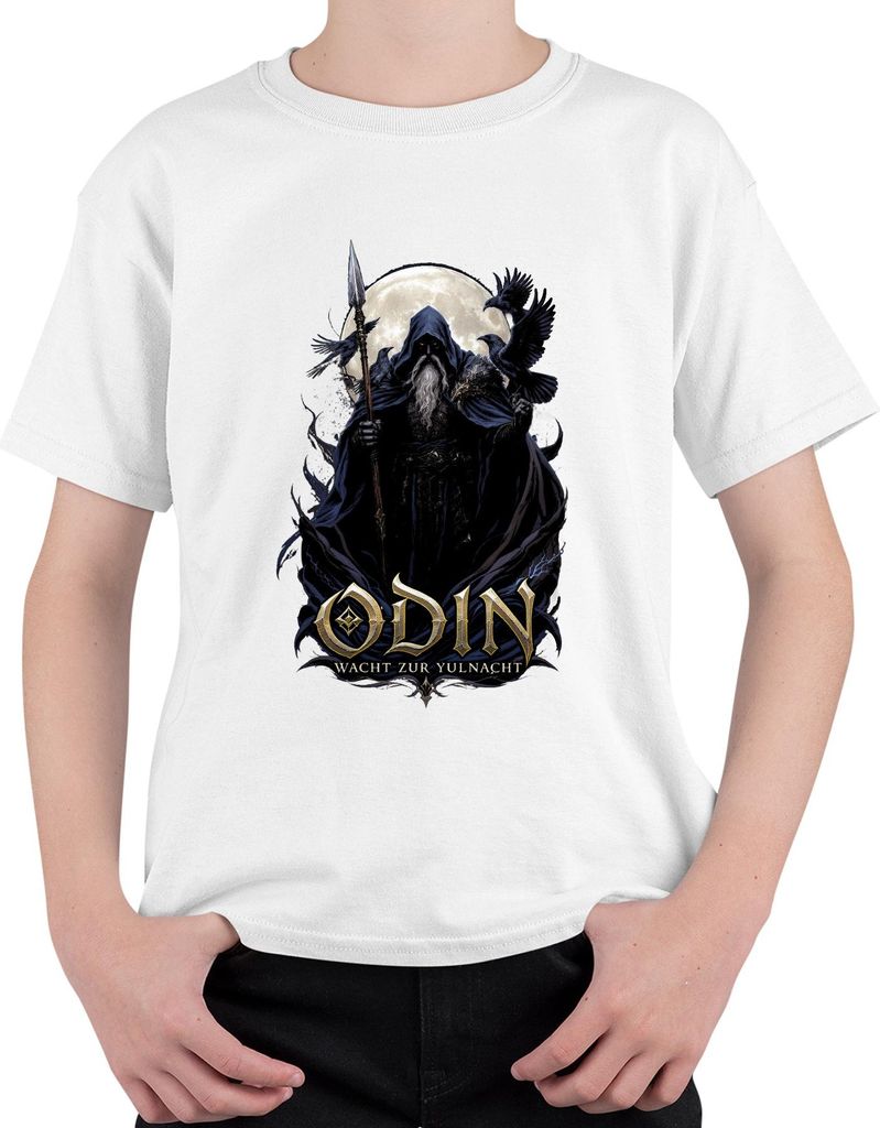 ODIN WACHT ZUR YULNACHT Wikinger Weihnachten Raben Vollmond Nordisch Uni Kinder T-Shirt, Weiß, 116