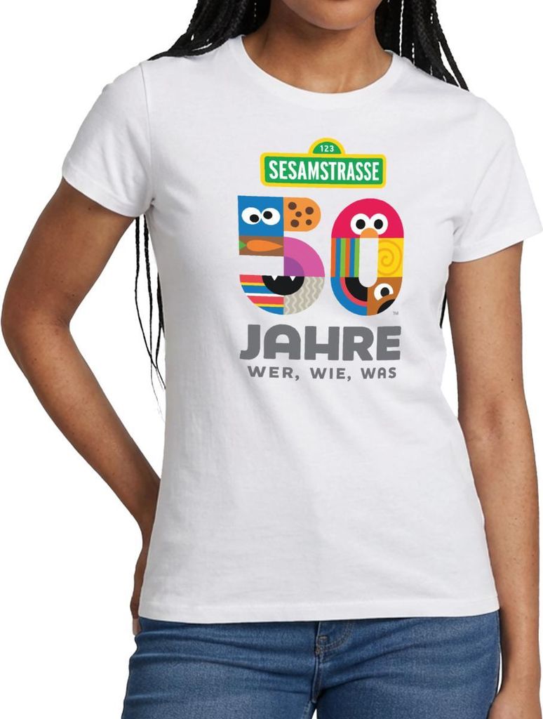 Spreadshirt Sesamstraße 50 Jahre Jubiläum Wer, Wie, Was Frauen T-Shirt, L, Weiß