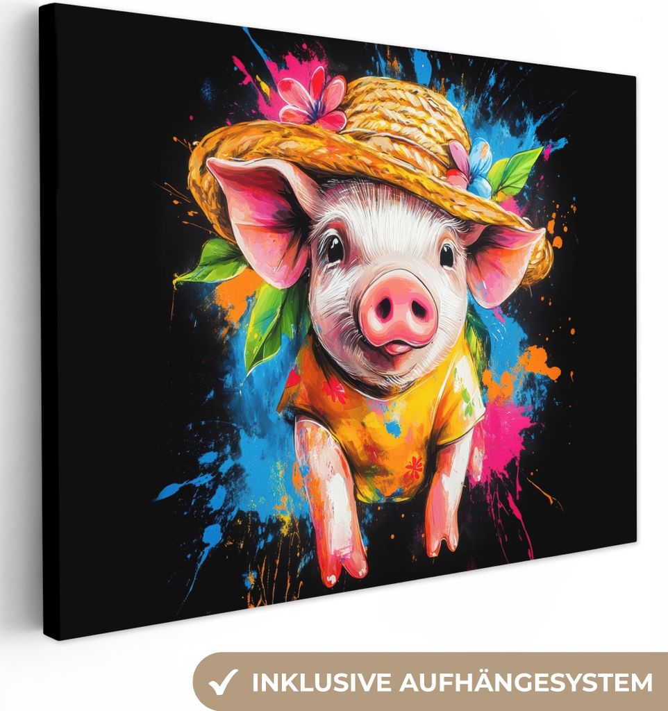 MuchoWow - Leinwandbilder - Graffiti - Sommer - Schwein - Lustig - Tier, Wandbild, Wanddeko Bilder Wohnzimmer, 120x90 cm