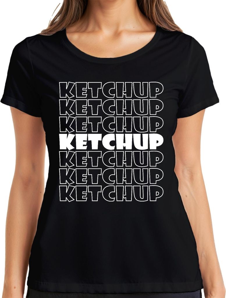 Ketchup Schriftzug Pop Art Retro Muster Pommes Burger Fan Vintage Damen T-Shirt, Schwarz, L