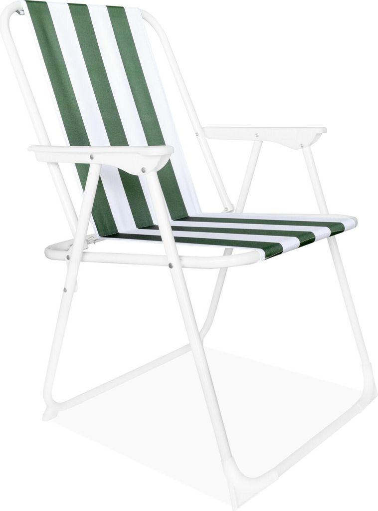 A white and green striped folding camping chair shown from a side-angle.