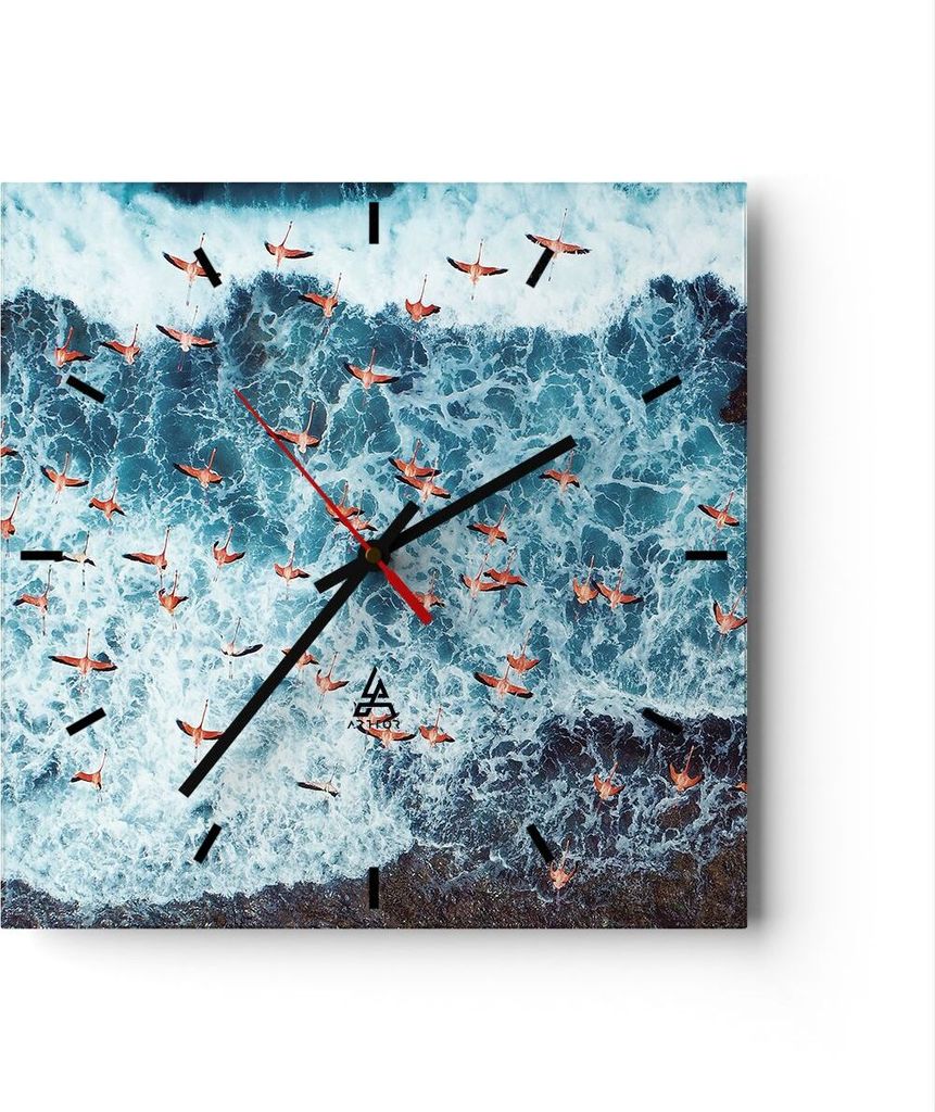 Wanduhr - Quadrat - Glasuhr - Flamingos Karibik Vögel - 30x30cm - Schleichendes Uhrwerk - Lautlos - zum Aufhängen bereit - Dekoration Modern - Wa...