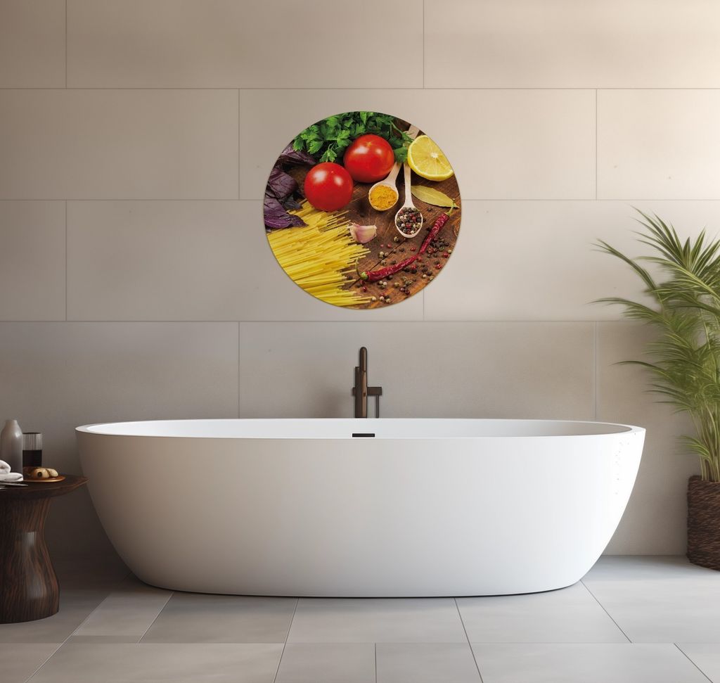 Wallario wasserfestes Poster selbstklebend 60 x 60 cm, Italienisches Menü mit Spaghetti, Tomaten, Basilikum und Gewürzen, Badezimmerposter Spritz...