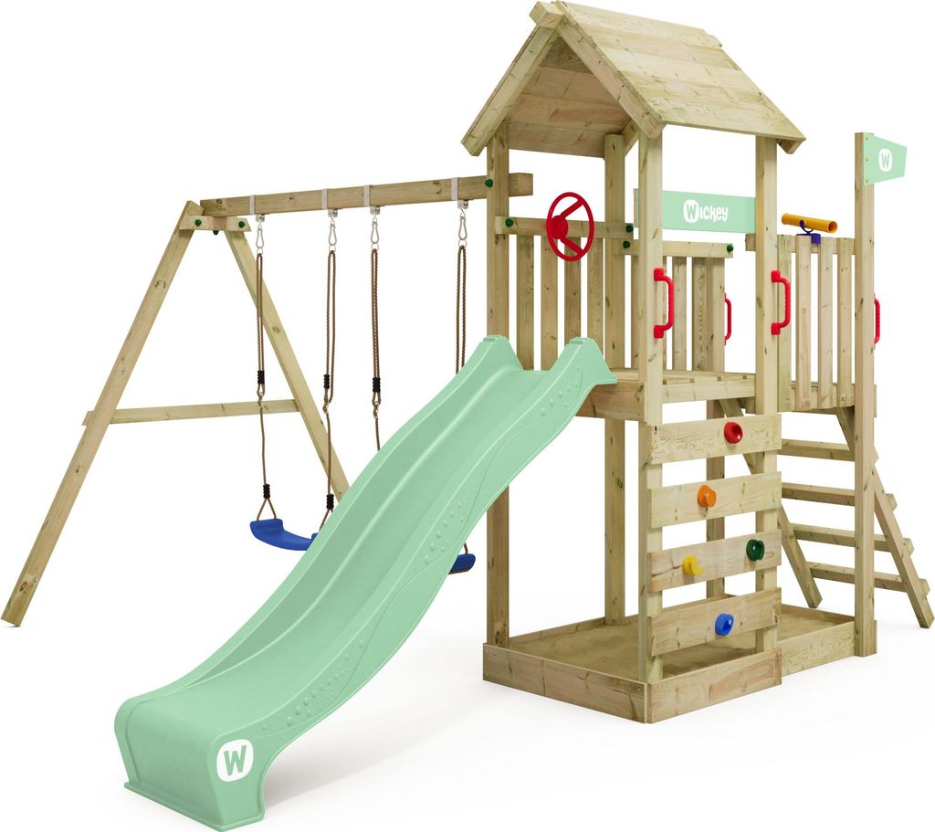 WICKEY Spielturm Klettergerüst MultiFlyer Holzdach mit Schaukel & Rutsche, Kletterturm mit Naturdach, Sandkasten, Leiter & Spiel-Zubehör – past...
