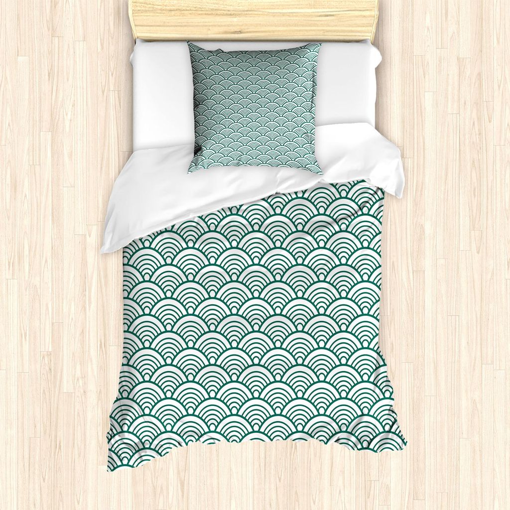 ABAKUHAUS Teal Bettbezug Set, Traditionelle japanische chinesische Seigaiha-Muster-abstrakte Skala-asiatische Inspirationen, 135 x 200 cm + 80 x 80...