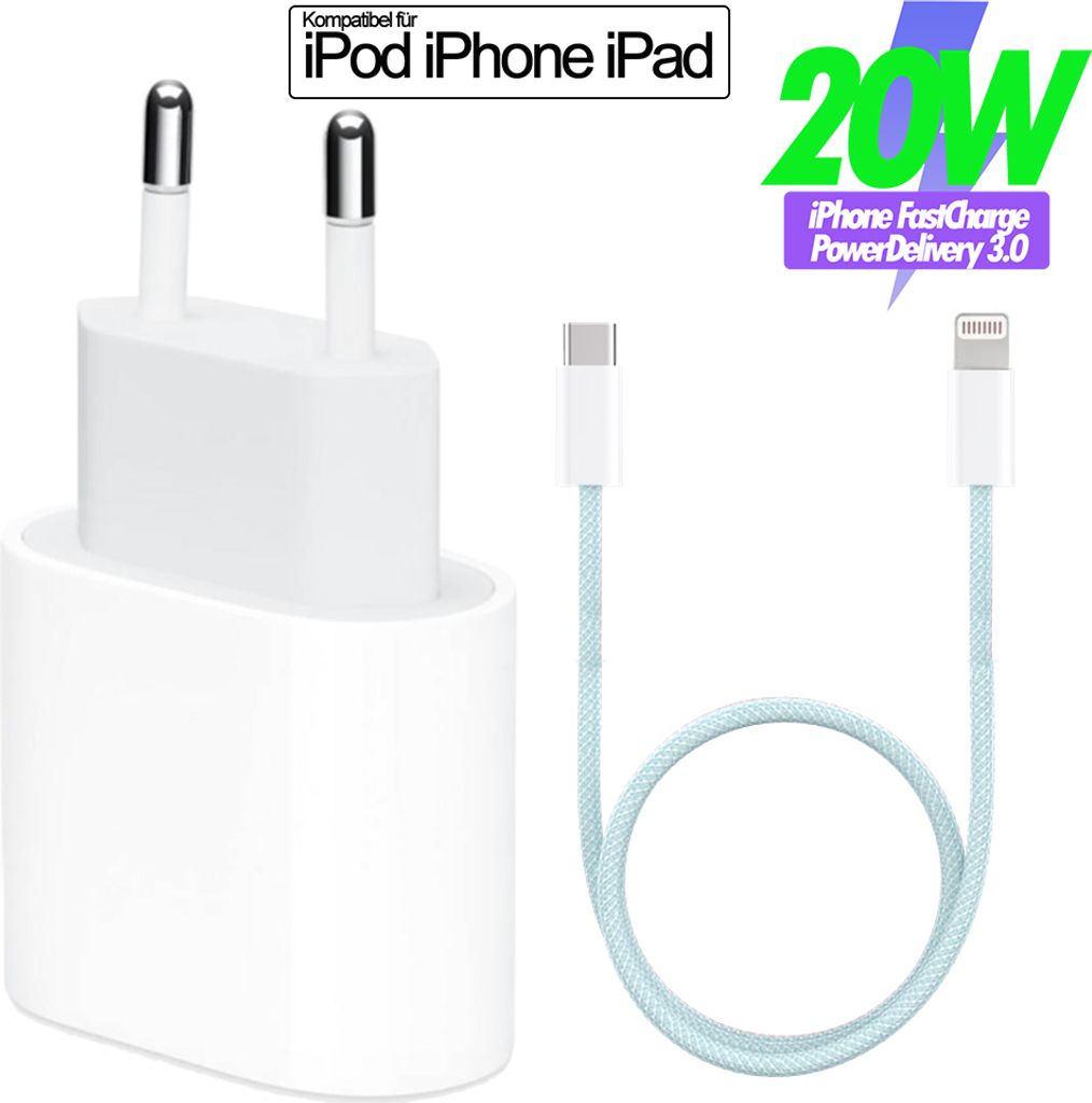 USB- C Adapter für iPhone 14 13 12 11 X Xs USB-C Schnellladegerät, lightning Ladekabel blau