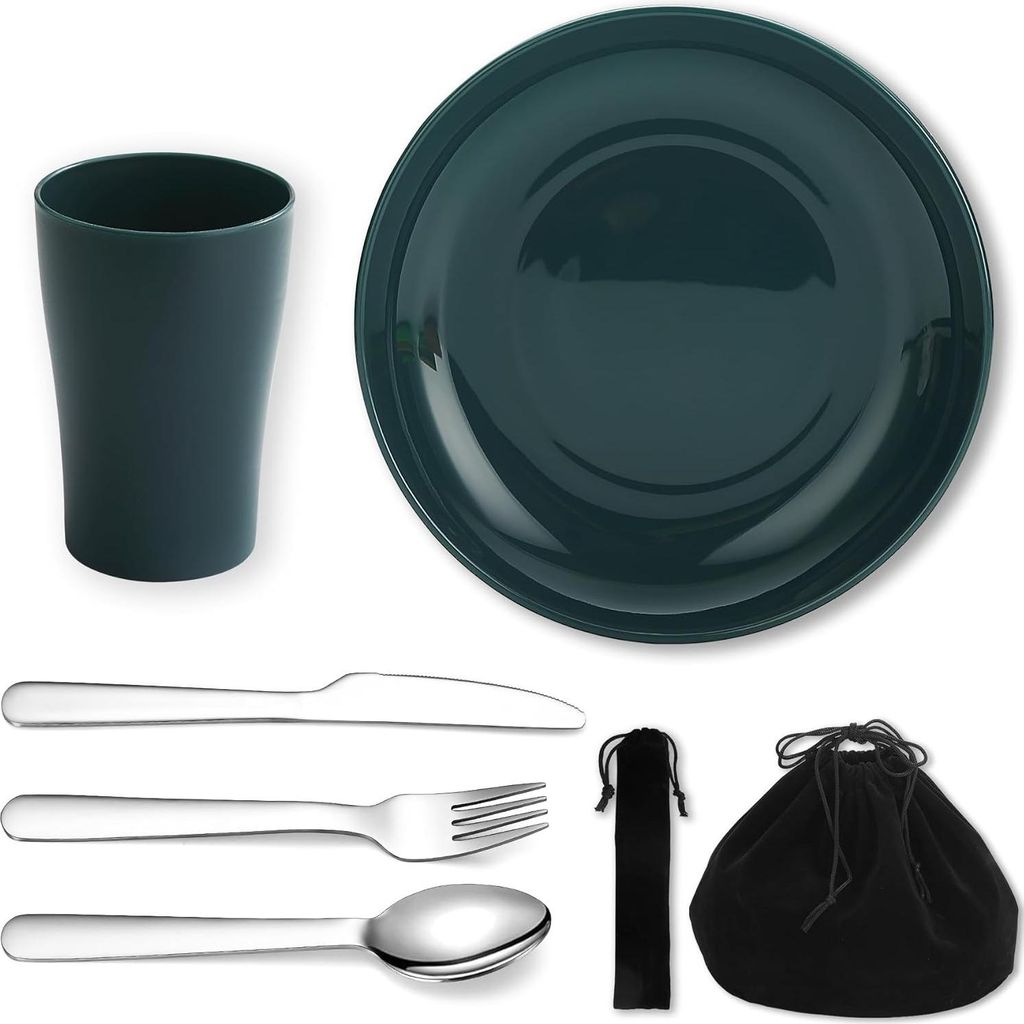 5-teiliges wiederverwendbares leichtes Campingbesteck-Set mit Becher, Teller und Edelstahlbesteck in schwarzer Tasche - geeignet für 1 Person, sp...