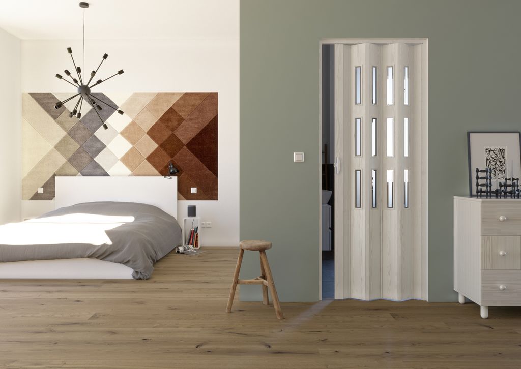 Forte Kunststoff Falttür Luciana Schiebetür Nischentür B 88,5x H 202 cm Eiche Weiß 3D 3 Fenster