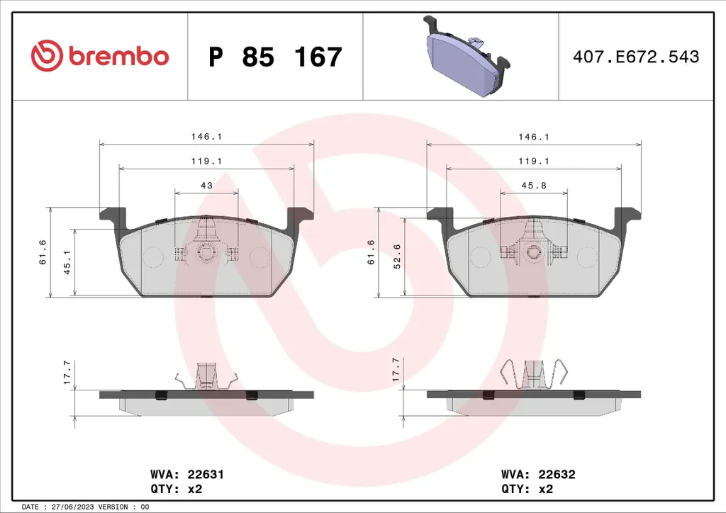 Plaquettes de frein arrière pour VW Polo et T-Cross Brembo P85167