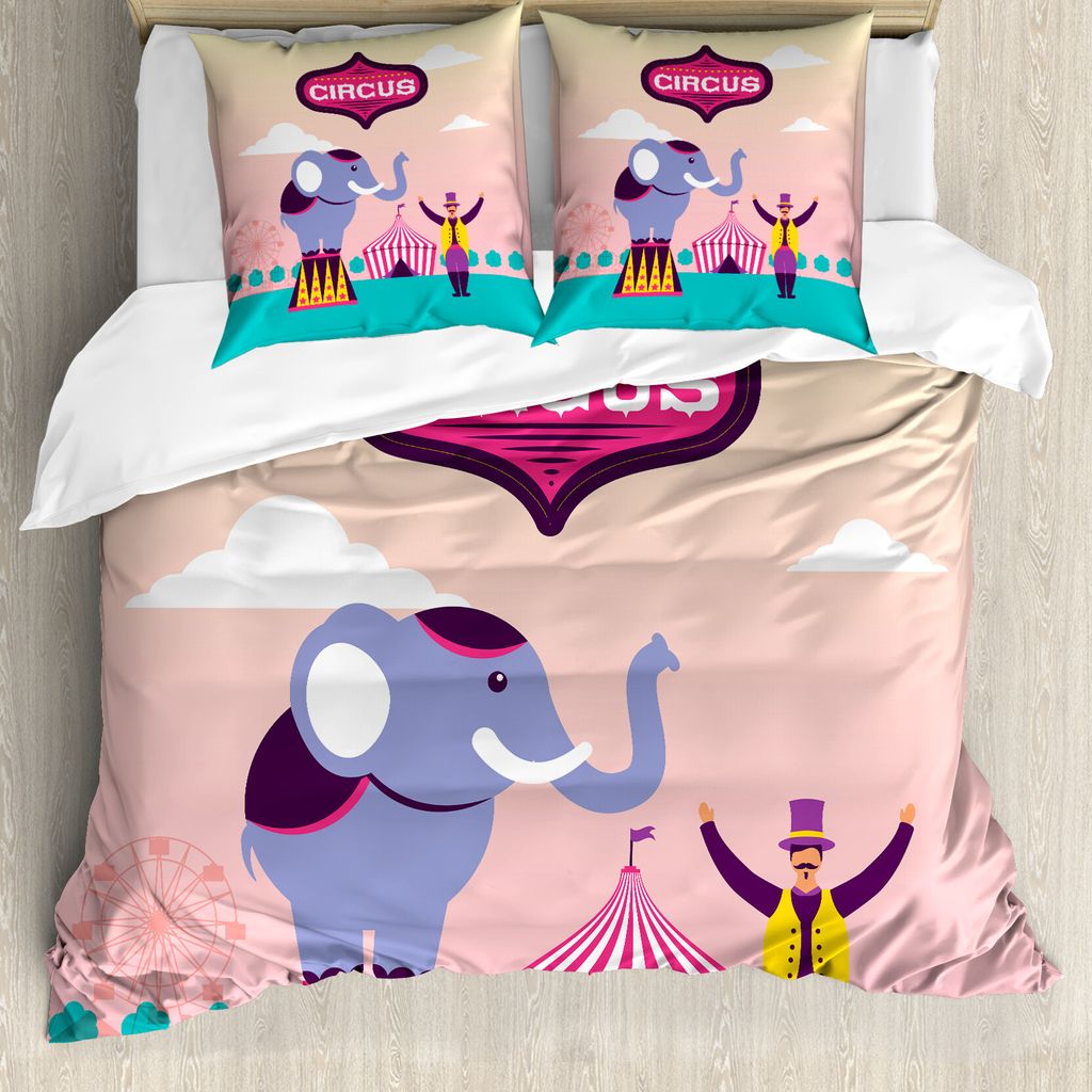 ABAKUHAUS Zirkus Bettbezug Set für Einzelbetten, Elephant Acrobat Zelt Ferris, Milbensicher Allergiker geeignet mit Kissenbezug, 200 cm x 200 cm -...