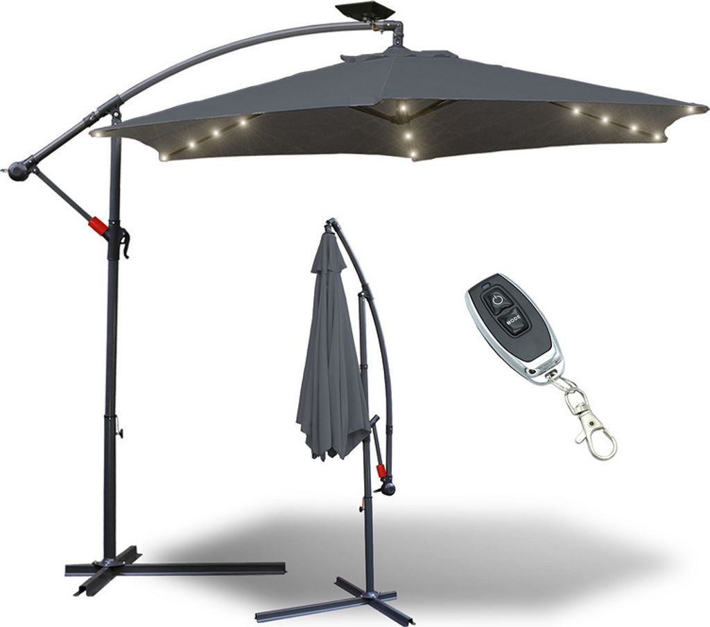 Jiubiaz 3m Sonnenschirm UV40+ mit LED Solar Drehbar Gartenschirm Kurbelschirm Alu,Grau