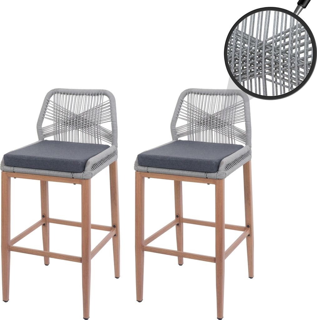 2er-Set Rope-Barhocker HWC-O21, Outdoor Sitzpolster Seilgeflecht Metall Holz-Optik hellgrau, Kissen dunkelgrau