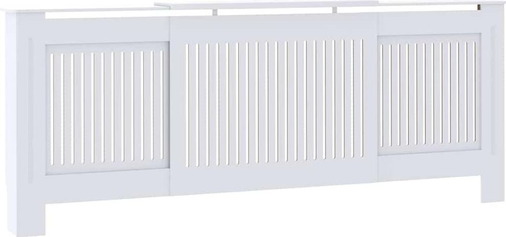 A white radiator cover with a slatted design.