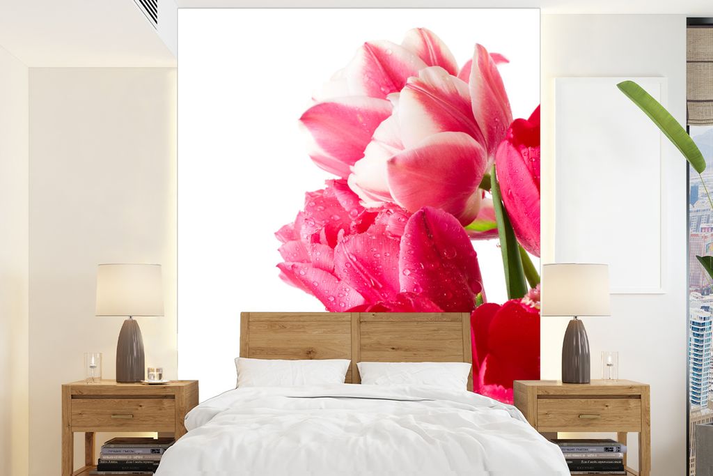 MuchoWow Fototapete für Wohnzimmer oder Schlafzimmer Wandtapete Vinyl Motivtapete Rosa Tulpen - 205x280 cm - Wandbild