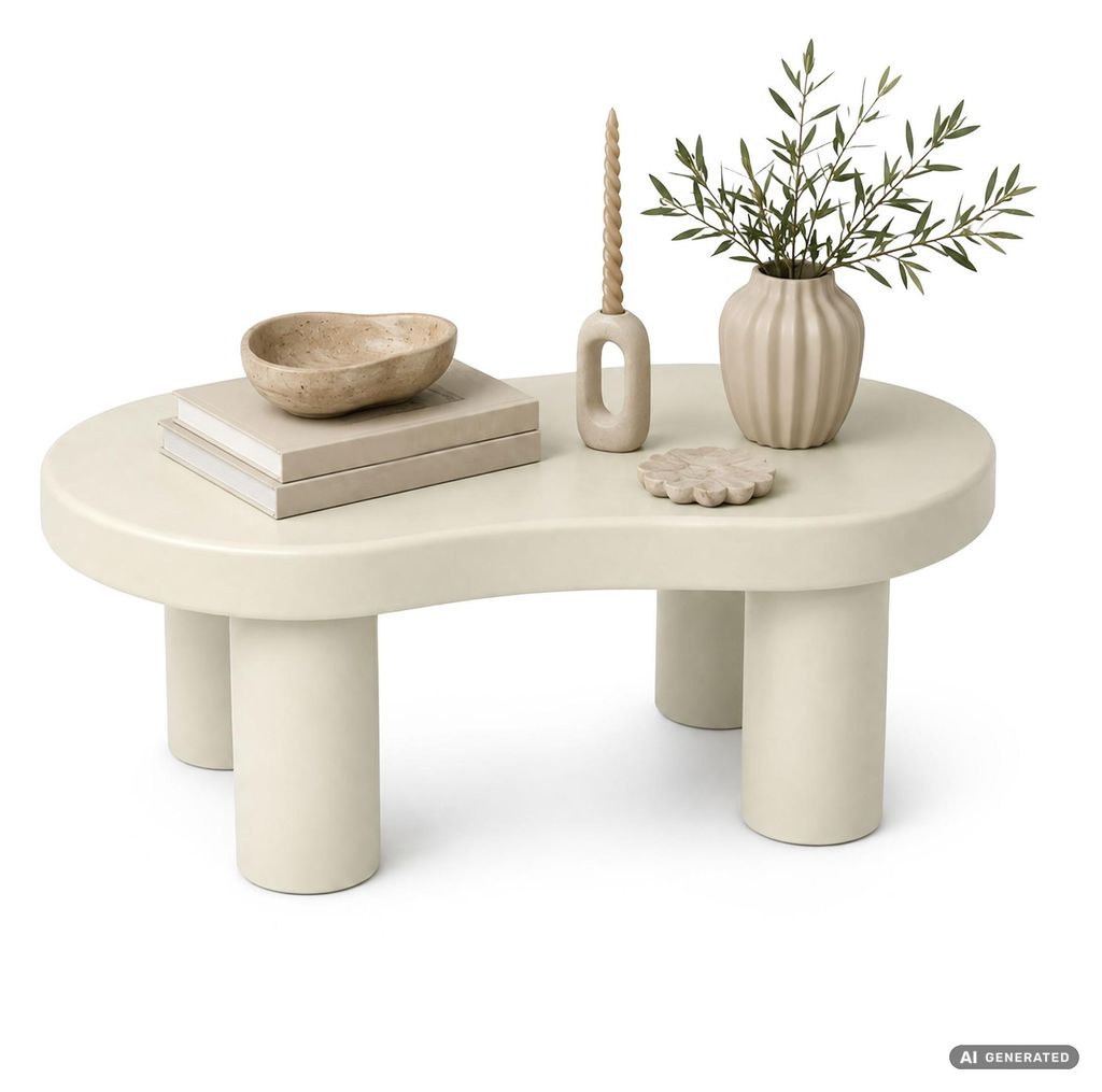 Ovaler Couchtisch MATCHA 85 cm Creme mit vier zylindrischen Produktbild 