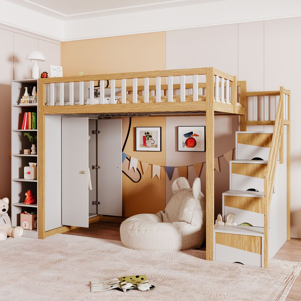 STILVORA Hochbett 90x200cm Kinderbett mit Regalen und Rausfallschutz,Jugendbett mit Stauschrank und Kleiderschrank,mit Lagertreppe,Weiß&holzfarben...