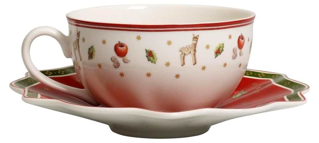 Milchkaffeetasse mit Untertasse, Hartporzellan, Weiß / Rot, 22 x 16 x 8 cm