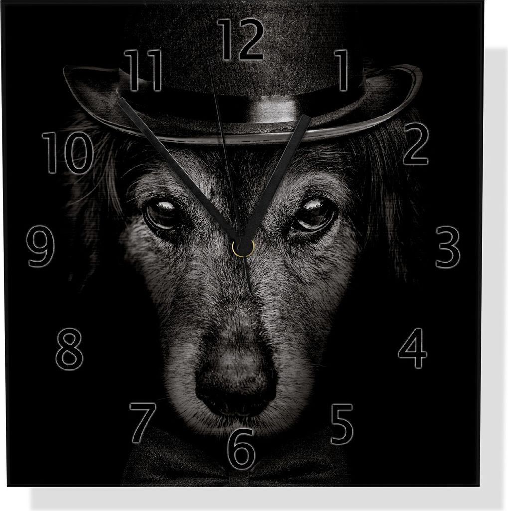 Wallario Design Wanduhr Eleganter Hund mit Zylinder in schwarz-weiß aus Aluverbund, Größe 30 x 30 cm