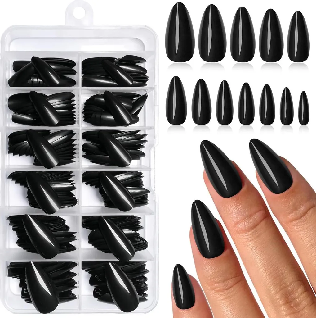 Stock 240 Unghie Finte Nere a Mandorla | Manicure Veloce Press-On