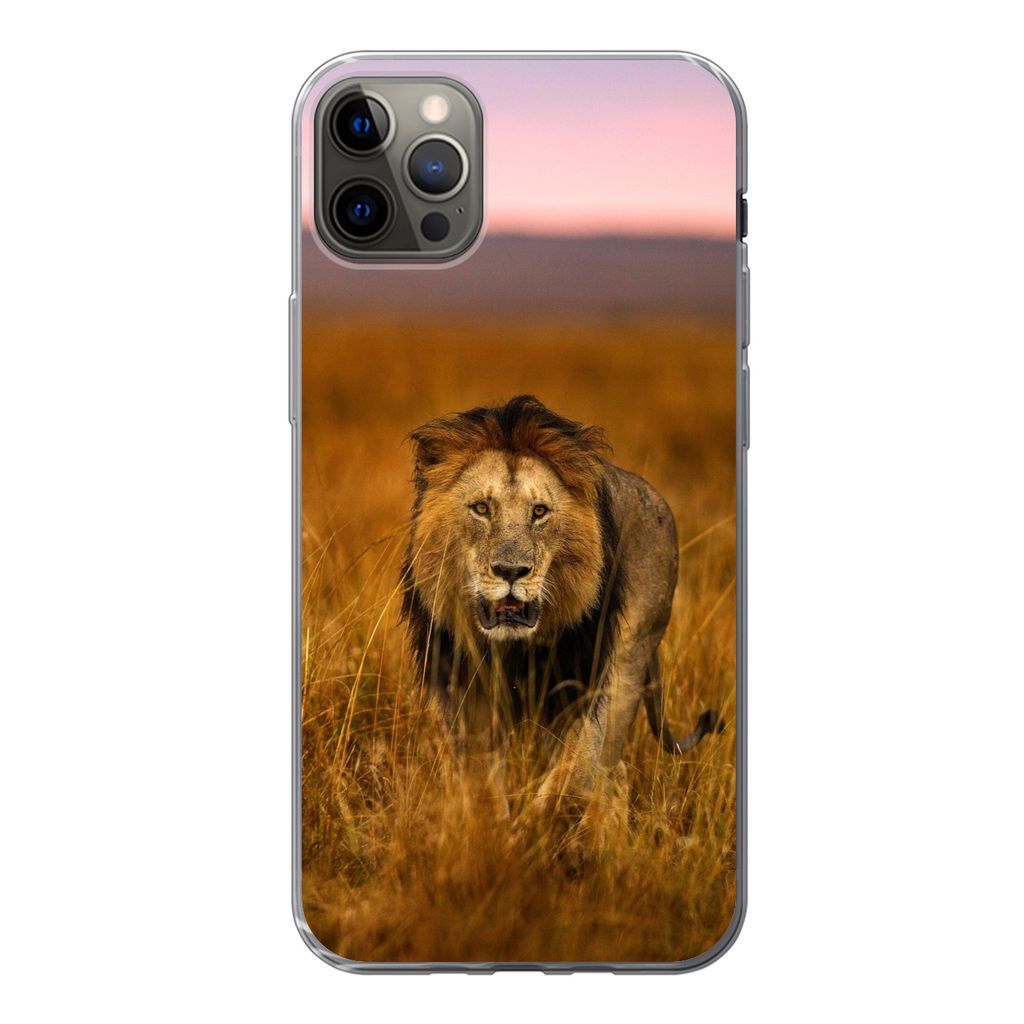 MuchoWow Handyhülle Schutzhülle Hülle für iPhone 13 Pro Max Löwe - Savanne - Gras Silikon Softcase Handy Hülle - Mobiltelefon