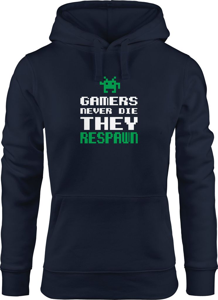 Kapuzen-Pullover Gamers never die they respawn Spruch Pixel Zocker 90er 80er Retro Hoodie Moonworks navy XS