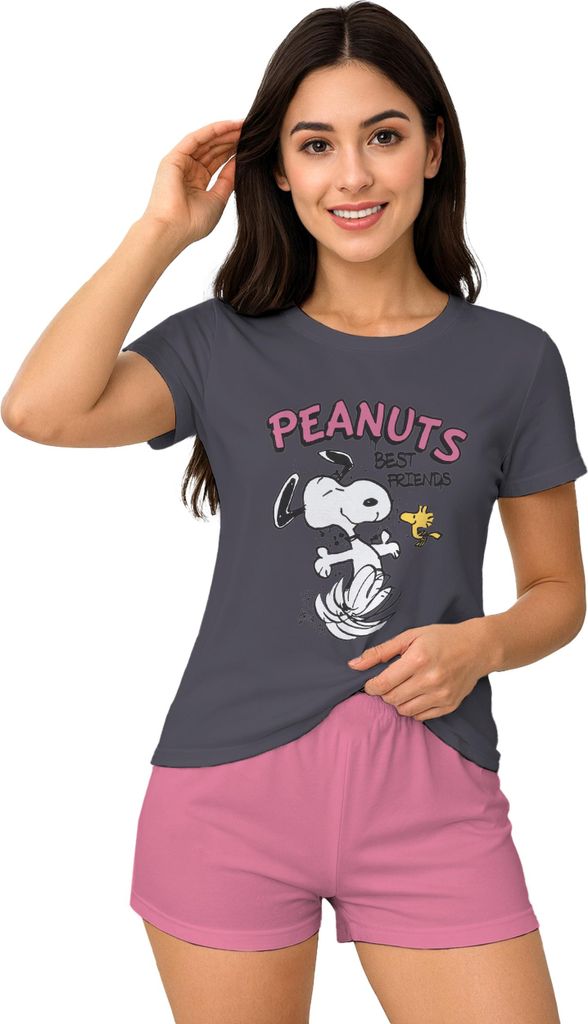 The Peanuts Snoopy Schlafanzug für Damen - Best friends Pyjama Set Kurzarm Oberteil mit Shorts Grau/Rosa XL