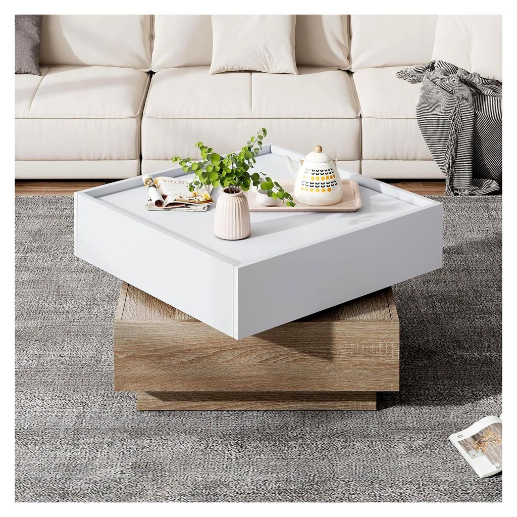 Quadratischer Couchtisch, Moderner 360° drehbarer Wohnzimmertisch mit 2 Schubladen, kreativer Sofatisch, Kaffeetisch, Beistelltisch, Mitteltisch f...