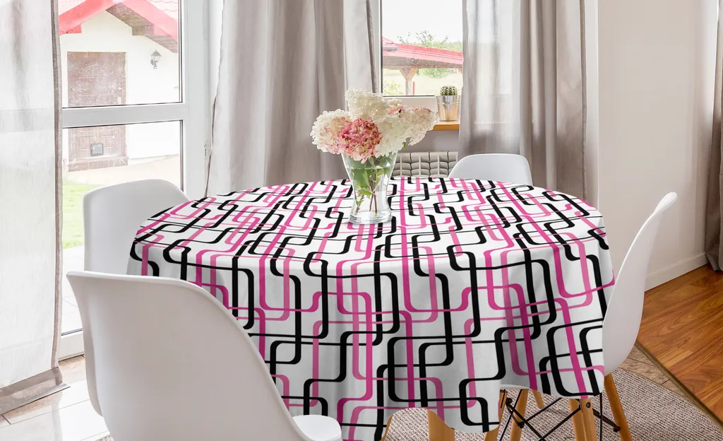 ABAKUHAUS Tovaglia geometrica rotonda, linee ondulate funky, tovaglia circolare per sala da pranzo, decorazione cucina, 150 cm, rosa bianco nero
