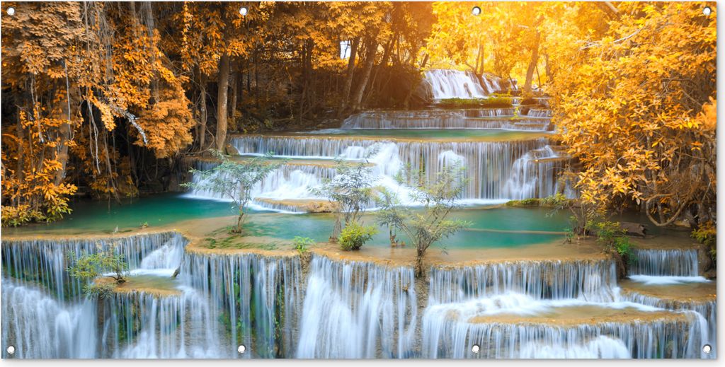 MuchoWow 160x80 cm Outdoor-Poster Gartendeko Sichtschutz Garten Poster für den Garten Wasserfall - Herbst - Bäume - Braun - Wasser