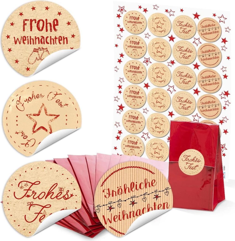 Rote Blockbodenbeutel mit Folieneinlage + Weihnachtsaufkleber – 7 x 4 x 20,5 cmWeihnachtsgrüße Rot, Beige, Weiß / 24 Stück