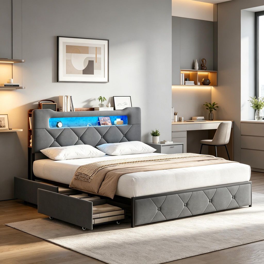 INONEFT Polsterbett 160x200cm mit USB, 4 Schubladen & LED, Produktbild 