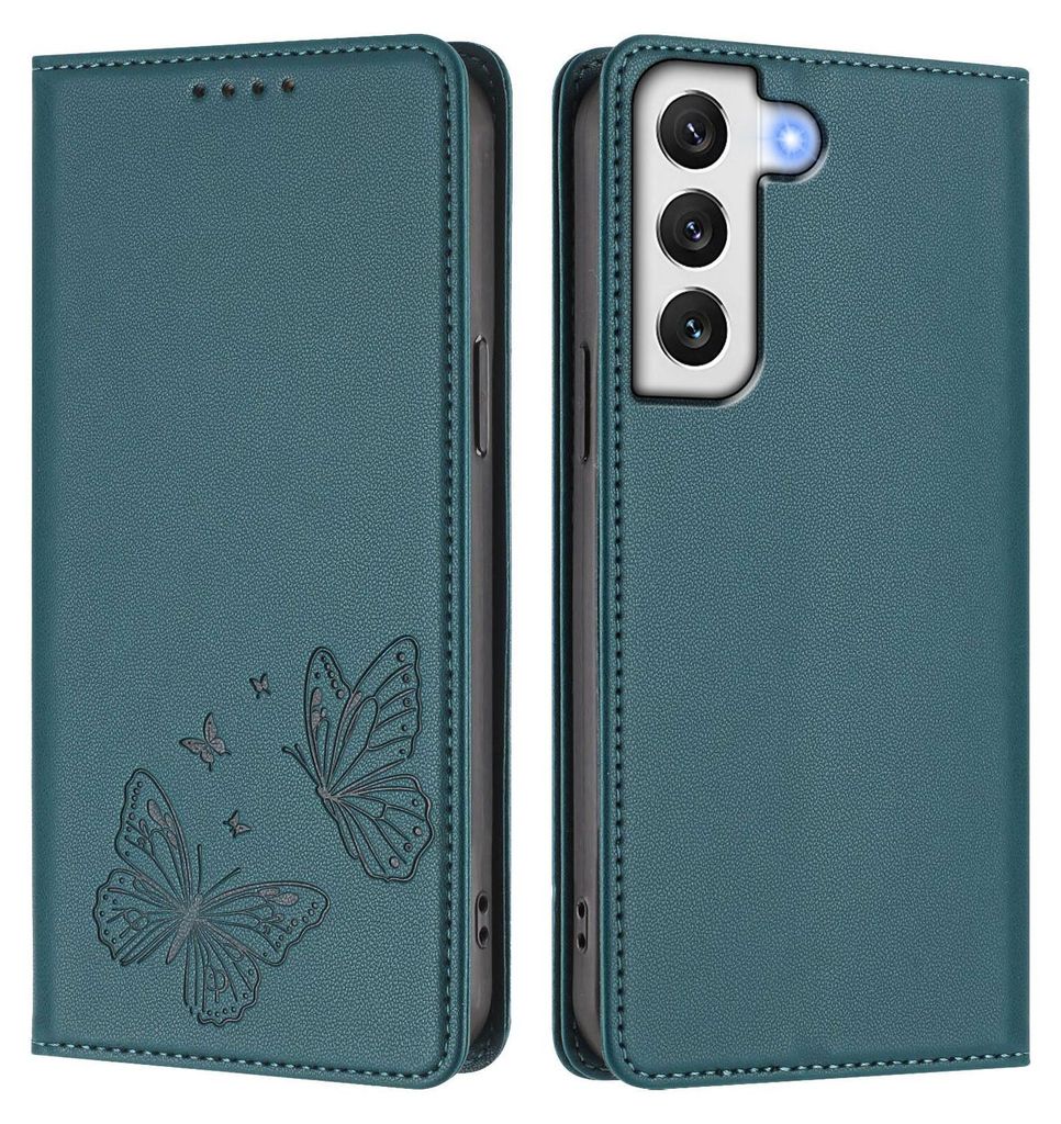 Lederhülle für Samsung Galaxy S22+ 5G, Schmetterling Prägung Leder Brieftasche Schutzhülle mit Ständer Grün