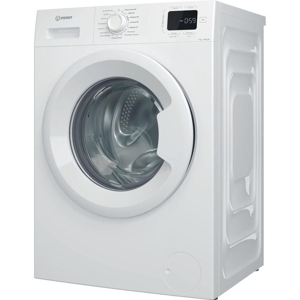 A white Indesit washing machine is shown from a three-quarter angle against a white background.