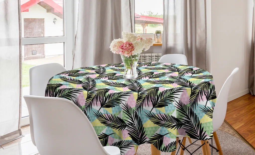 ABAKUHAUS Tovaglia rotonda colorata, elementi geometrici con palme, tovaglia circolare per sala da pranzo, decorazione per cucina, 150 cm, multicolore