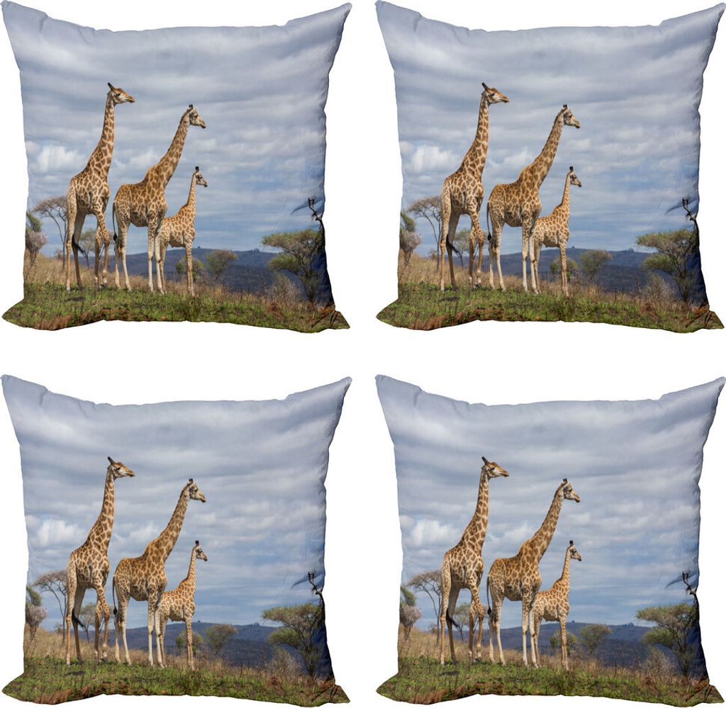 ABAKUHAUS Afrika Kissenbezug Set (4 Stück), Giraffen-Familie, Moderner Doppelseitiger Digitaldruck, 60 cm x 60 cm, Tan Blau
