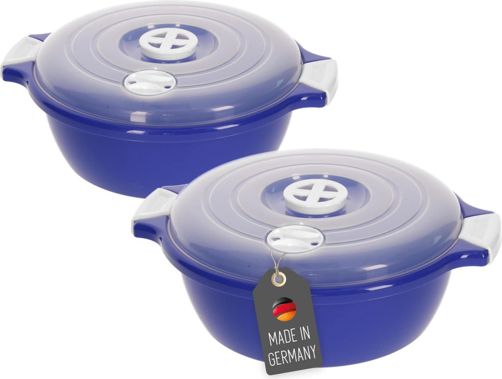 2 Stück Set Mikrowellenschüssel mit Deckel und Dampfventil Volumen 1,8 Liter Mikrowellenbehälter Blau rund Mikrowellen Kühlschrank Picknick Sch...