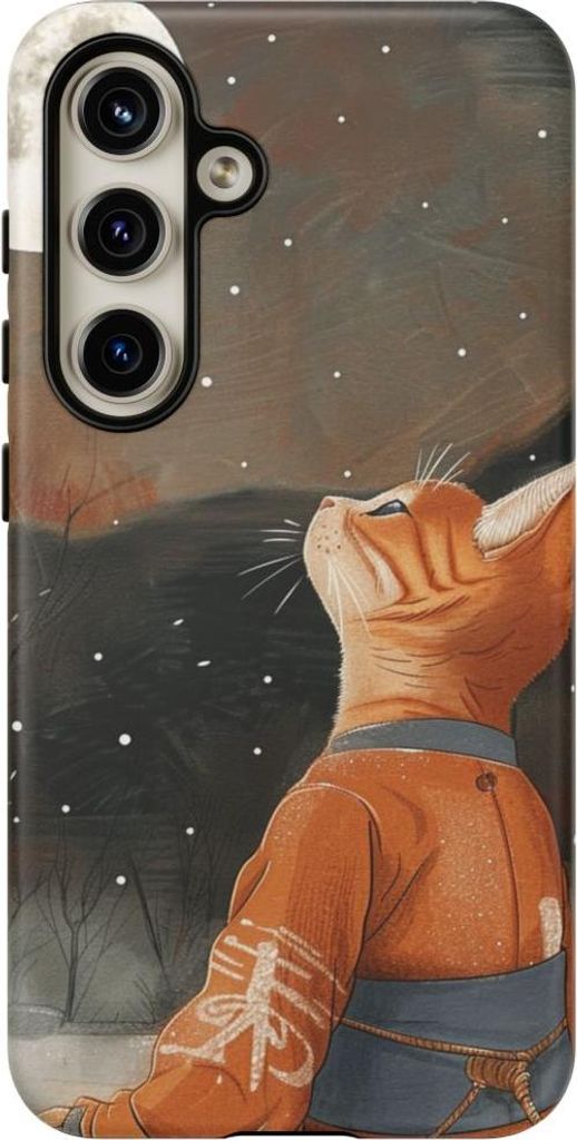 Orangefarbene Katze im traditionellen Gewand bei Vollmond – Hülle Kompatibel mit Galaxy S24
