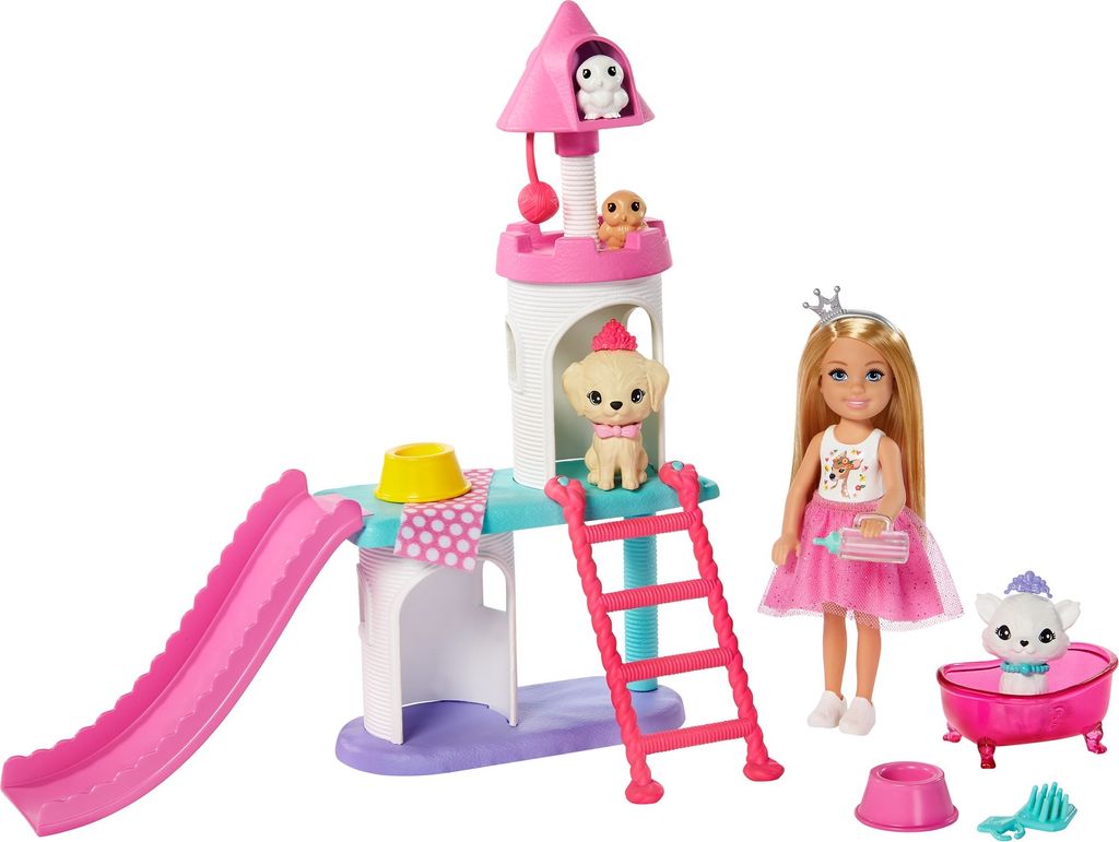 Barbie Prinzessinnen Abenteuer, Chelsea Puppe (blond), Haustier-Schloss-Spielset