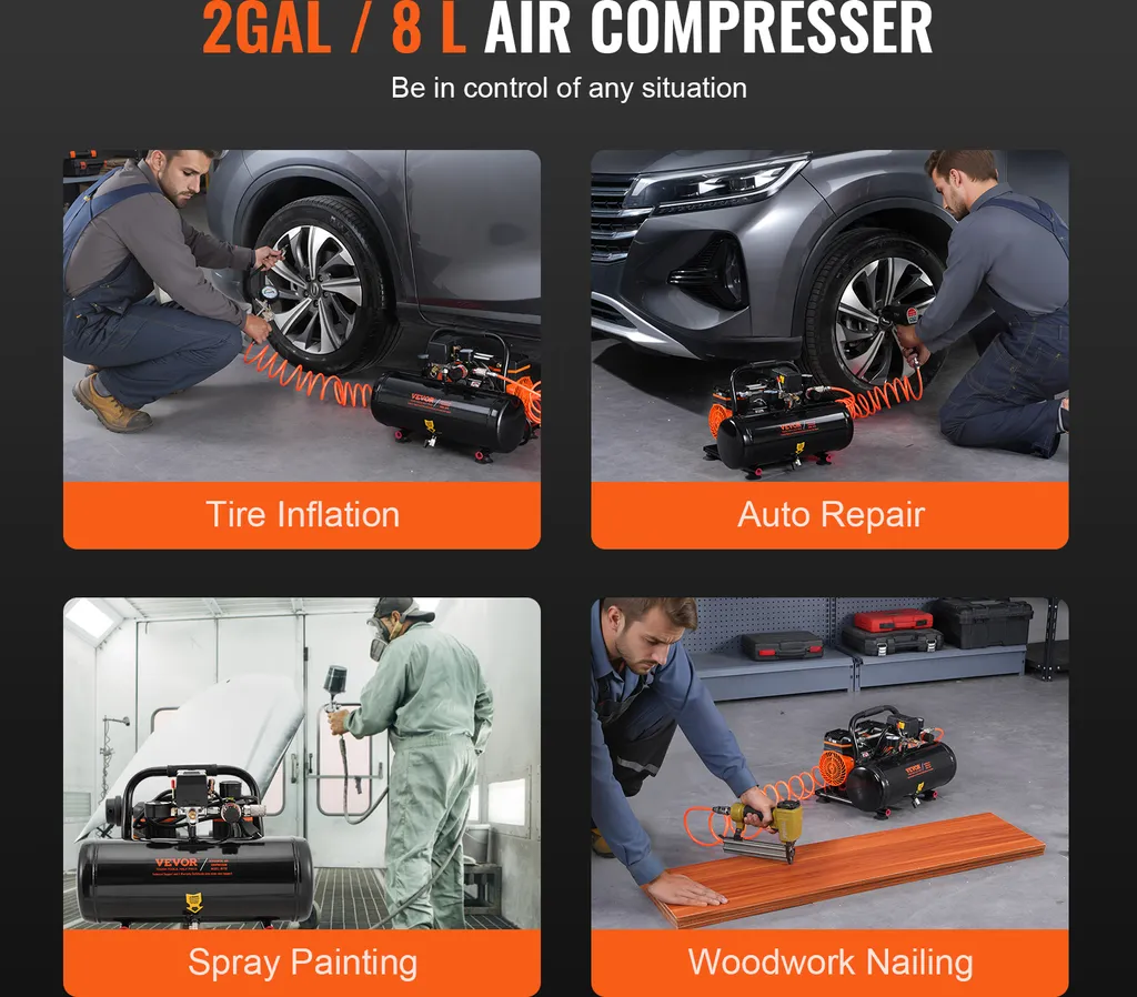 Compressore d'aria VEVOR, serbatoio d'acciaio da 2 galloni, 1 HP, 2,5 CFM, 8 bar, compressore d'aria senza olio e pressione massima di 120 PSI, 81 dB, compressore portatile ultra-silenzioso, per riparazioni auto, gonfiaggio pneumatici - 6