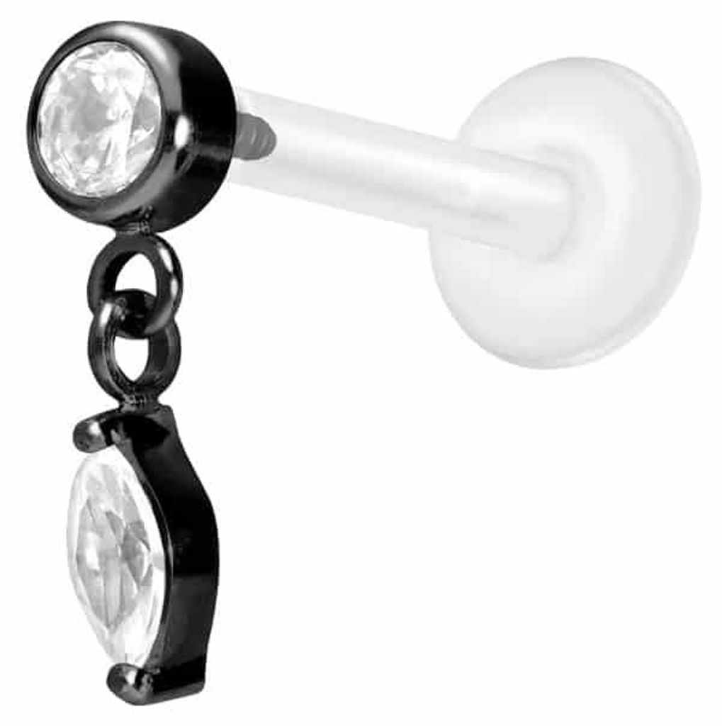 Ohrpiercing, Nasenpiercing PTFE Labret mit Innengewinde + Titan-Aufsatz KRISTALL + KRISTALLTROPFEN Schwarz Stablänge: 10mm | Stabstärke: 1,2mm