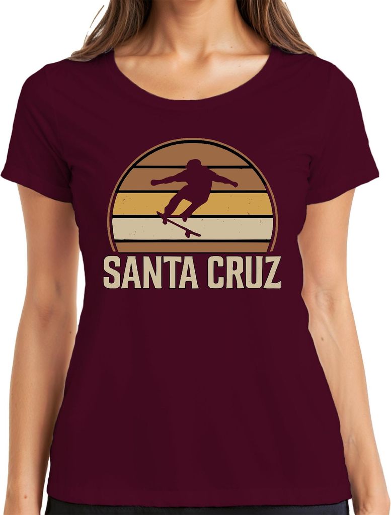 Santa Cruz Skateboard Retro Skater Vintage Sunset Surfer Cali Damen T-Shirt, Burgundy, XL