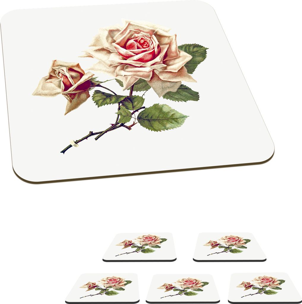 KitchenYeah Glasuntersetzer Quadratisch 6er Set Vintage - Rosen - Blumen 10x10 cm Untersetzer für Gläser - Getränkeuntersetzer - Tischplatten...