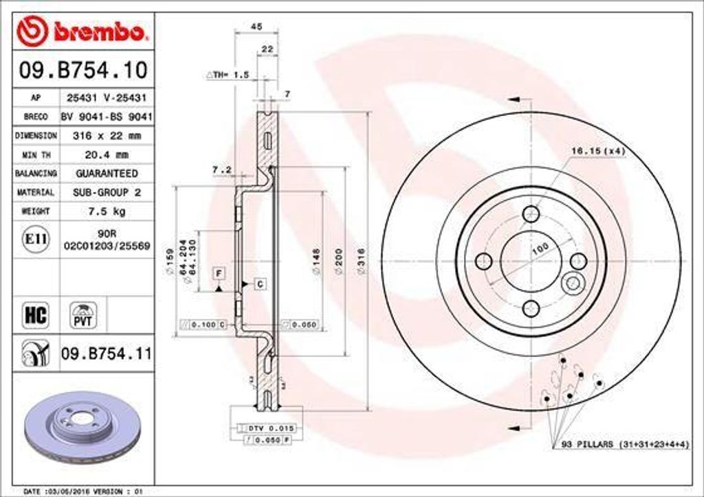 BREMBO 09.B754.11 Bremsscheibe OE 34106784366 kompatibel mit Mini Roadster, Mini, Clubman
