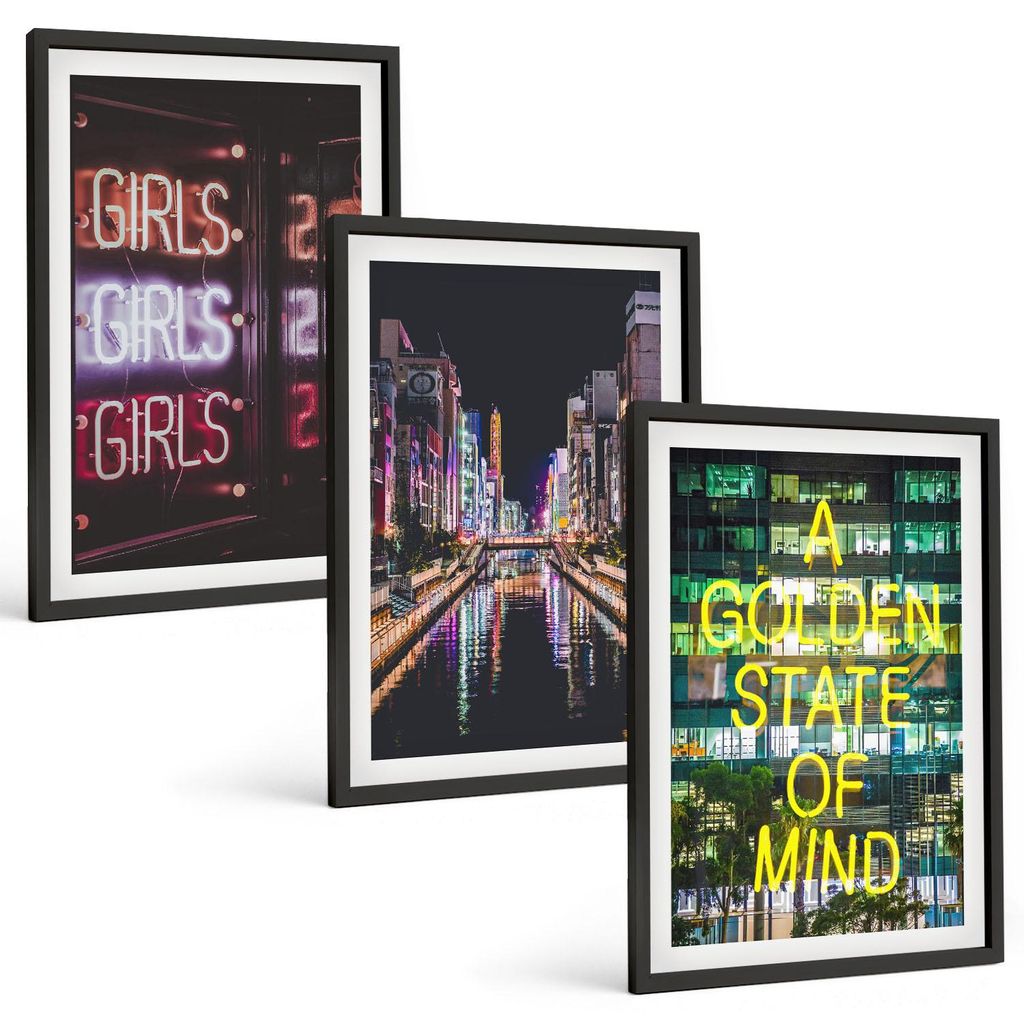 Bilder Set 3-teilig im schwarzen Rahmen – Wandbilder 3 Stück – gerahmte Poster für Wohnzimmer, Schlafzimmer und Flur – 40x60 cm – Neonlic...