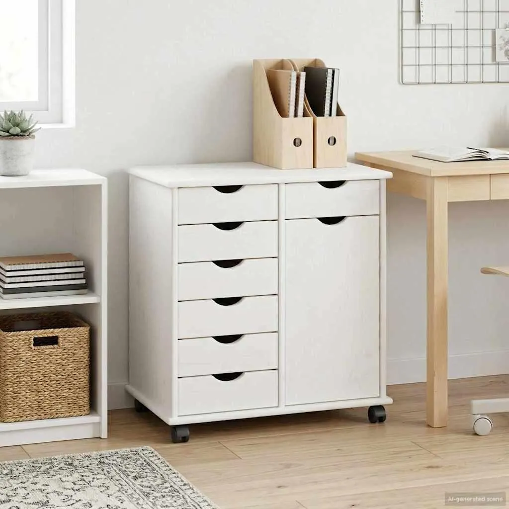 Caisson à roulettes pin massif blanc, rangement bureau compact 65cm