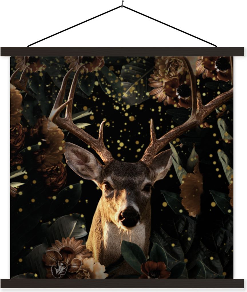 MuchoWow Textilposter Hirsche - Blumen - Licht - Botanisch 120x120 cm mit schwarzem Rahmen - Aufhängungsset