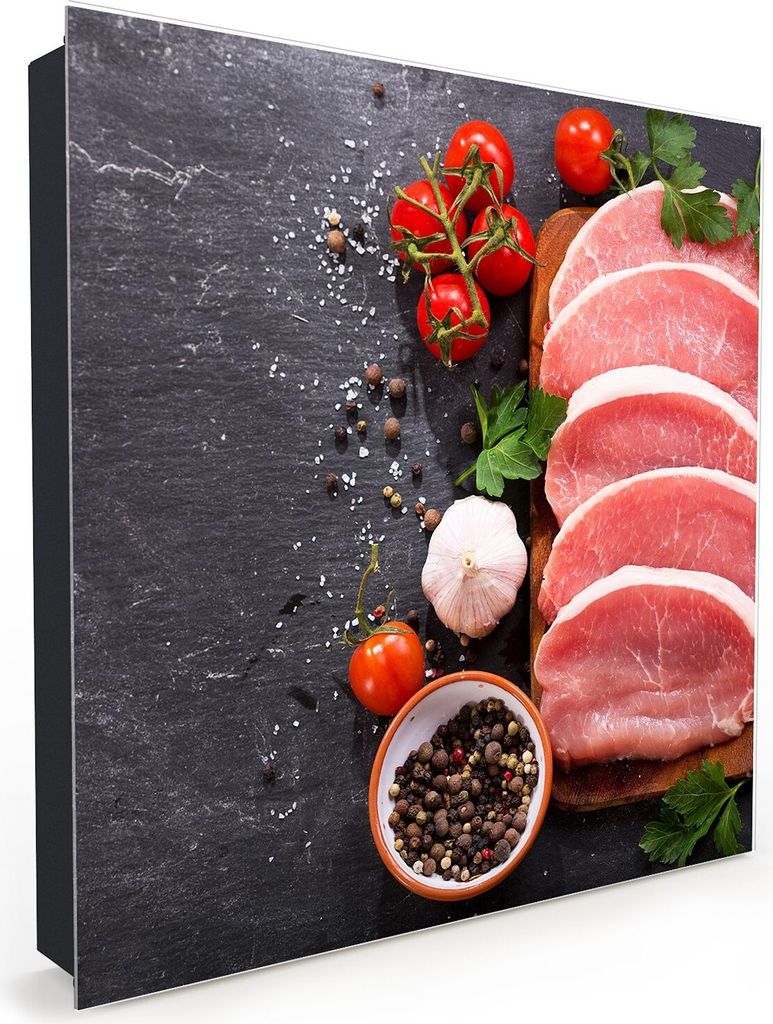 Nachbildung-Schlüsselkasten, Magnetpinnwand und Memoboard mit Glasfront Motiv Schweinefleisch und Gemüse