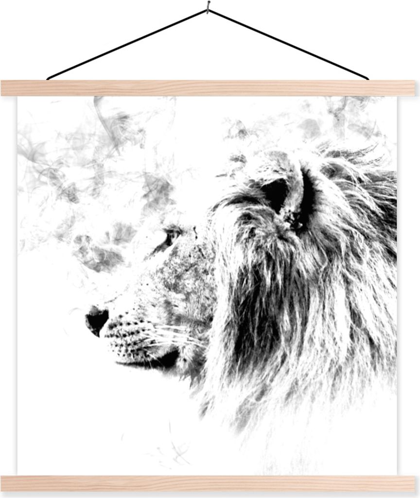 MuchoWow Textilposter Löwe - Schwarz - Weiß - Linie 60x60 cm mit holzfarbenen Rahmen - Wanddekoration
