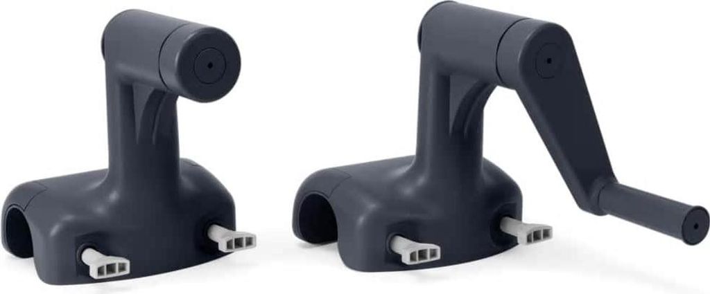 Two dark gray pool solar cover reels are shown against a white background. One reel has its crank arm extended, while the other does not.