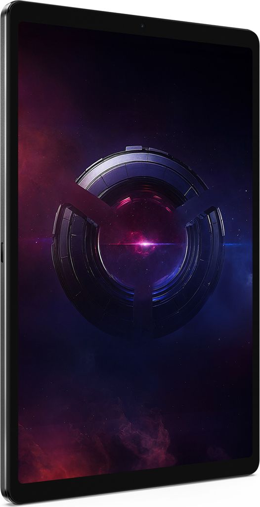 A tablet with a futuristic, abstract wallpaper displayed on its screen.